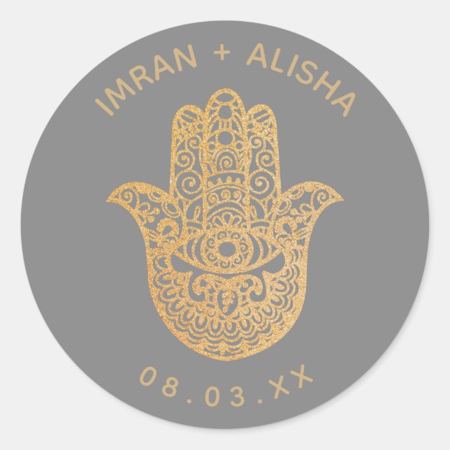 Indian Wedding Gold Grey hamsa Henna Classic Round Sticker (Front)