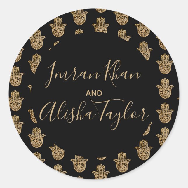 Indian Wedding Gold hamsa Henna Announcement Classic Round Sticker (Front)