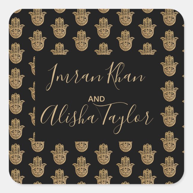 Indian Wedding Gold hamsa Henna Announcement Square Sticker (Front)