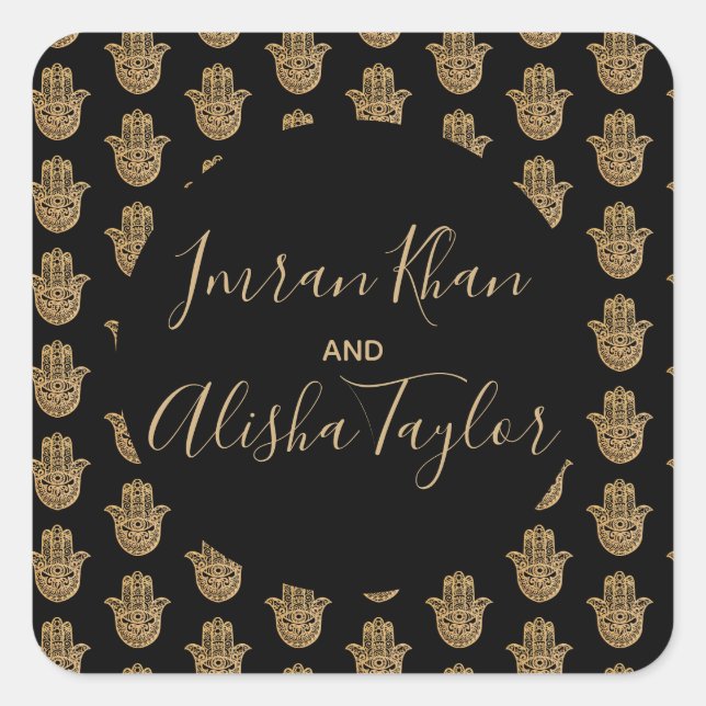 Indian Wedding Gold hamsa Henna Announcement Square Sticker (Front)