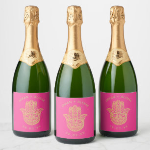 Indian Wedding Gold hamsa Henna Fuchsia Pink Sparkling Wine Label