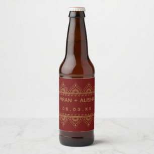 Indian Wedding Gold Henna Paisley Burgundy Beer Bottle Label