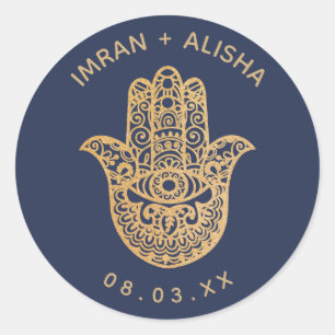 Indian Wedding Gold Navy Blue hamsa Henna Classic Round Sticker