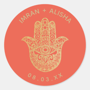 Indian Wedding Gold Orange hamsa Henna  Classic Round Sticker