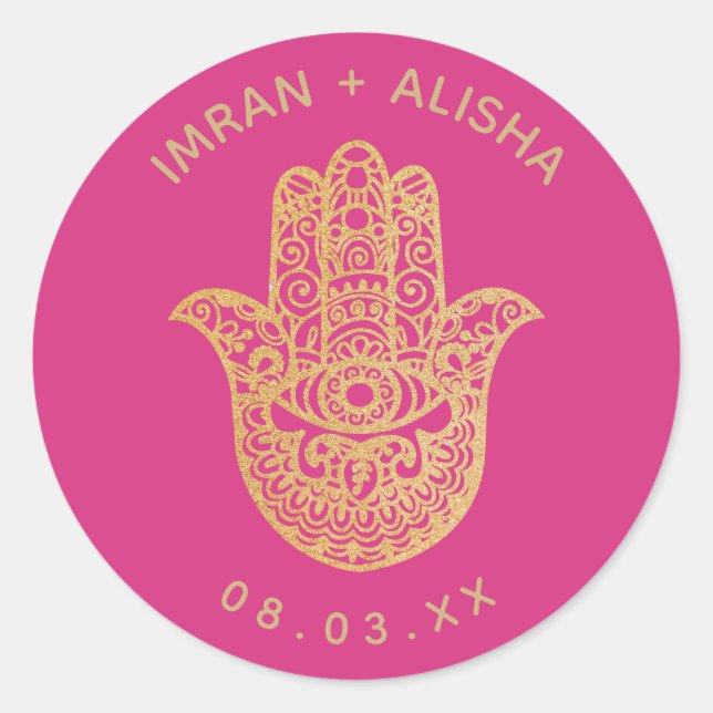 Indian Wedding Gold Pink hamsa Henna Classic Round Sticker (Front)
