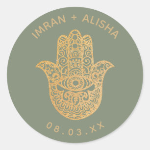 Indian Wedding Gold Sage Green hamsa Henna Classic Round Sticker
