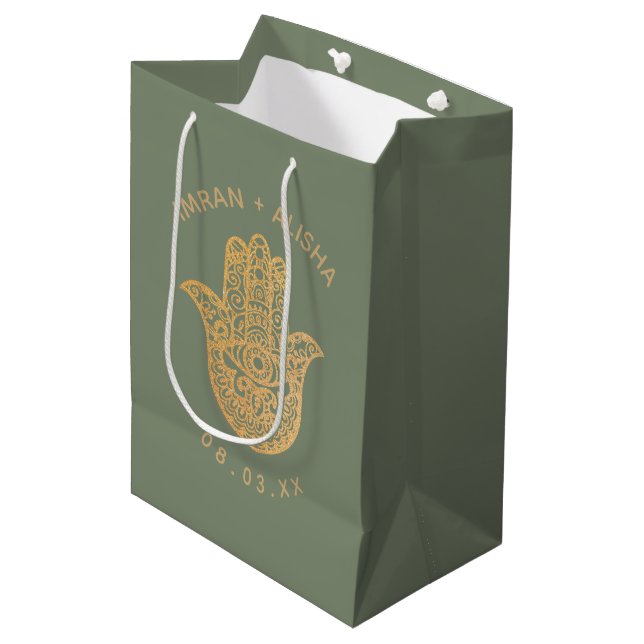 Indian Wedding Gold Sage Green hamsa Henna Medium Gift Bag (Front Angled)