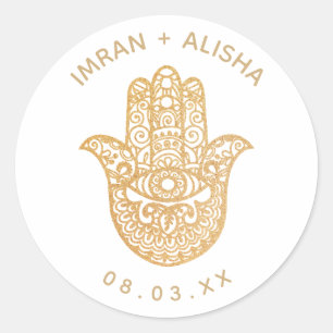 Indian Wedding Gold White hamsa Henna Classic Round Sticker