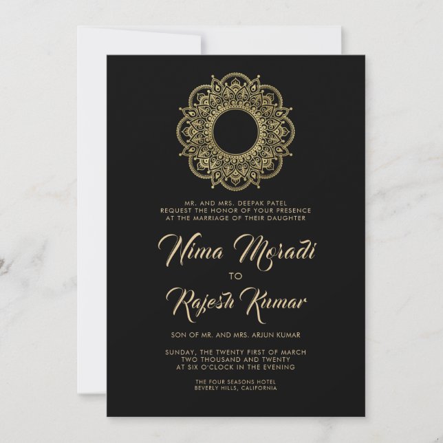 Indian Wedding Invitation, Black, Gold, Mandala Invitation (Front)