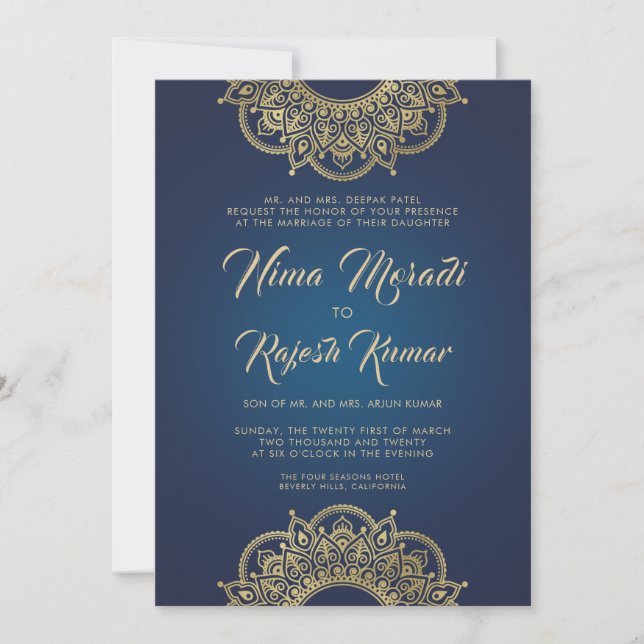 Indian Wedding Invitation, Blue, Gold, Mandala Invitation (Front)