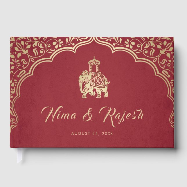 Indian Wedding Invitation, Red, Gold, Ganesha Guest Book (Front)
