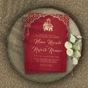 Indian Wedding Invitation, Red, Gold, Ganesha  Inv Invitation