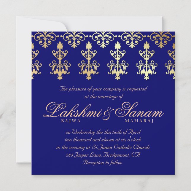 Indian Wedding Invite Damask Gold Autumn Blue (Front)