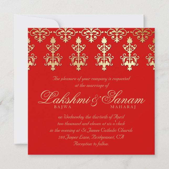 Indian Wedding Invite Damask Gold Autumn Red (Front)