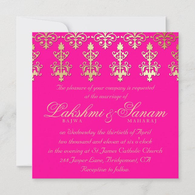 Indian Wedding Invite Damask Gold Hot Pink (Front)