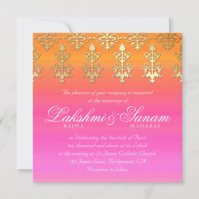 Indian Wedding Invite Damask Gold Pink Orange (Front)