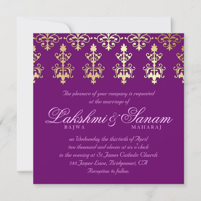 Indian Wedding Invite Damask Gold Purple (Front)