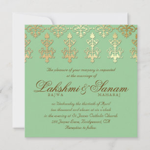 Indian Wedding Invite Damask Gold Spring Green