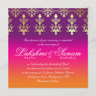 Indian Wedding Invite Damask Pink Purple Orange