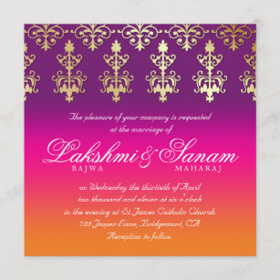 Indian Wedding Invite Damask Pink Purple Orange