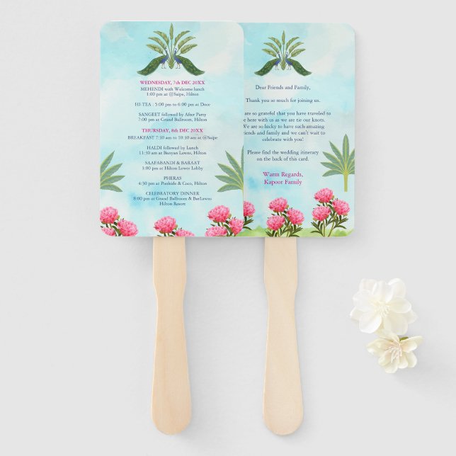 Indian wedding itinerary hand fan, thank you card fan (Front and Back)