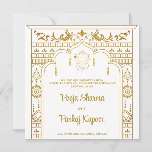 Indian Wedding Mandap Ganesha Gold Script Photo Invitation (Front)