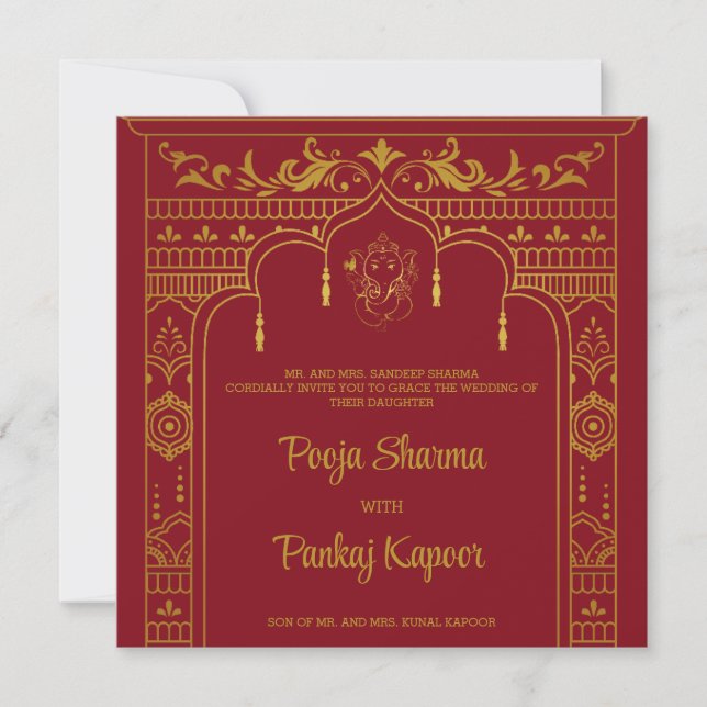  Indian Wedding Mandap Ganesha Gold Script Photo Invitation (Front)