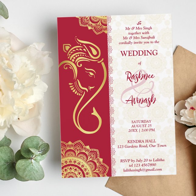 Indian wedding  maroon and gold Ganesha mandala Invitation (Creator Uploaded)