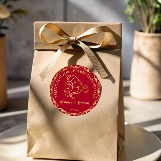 Indian wedding maroon and gold Ganesha thank you Classic Round Sticker (Indian wedding maroon and gold Ganesha thank you Classic Round Sticker)