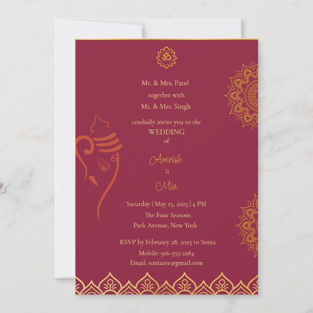 Indian wedding maroon and gold invitation (Front)