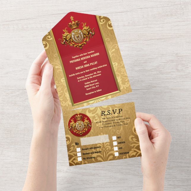 Indian wedding maroon gold damask elephants luxury all in one invitation (Tearaway)