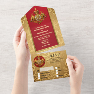 Indian wedding maroon gold damask elephants luxury all in one invitation