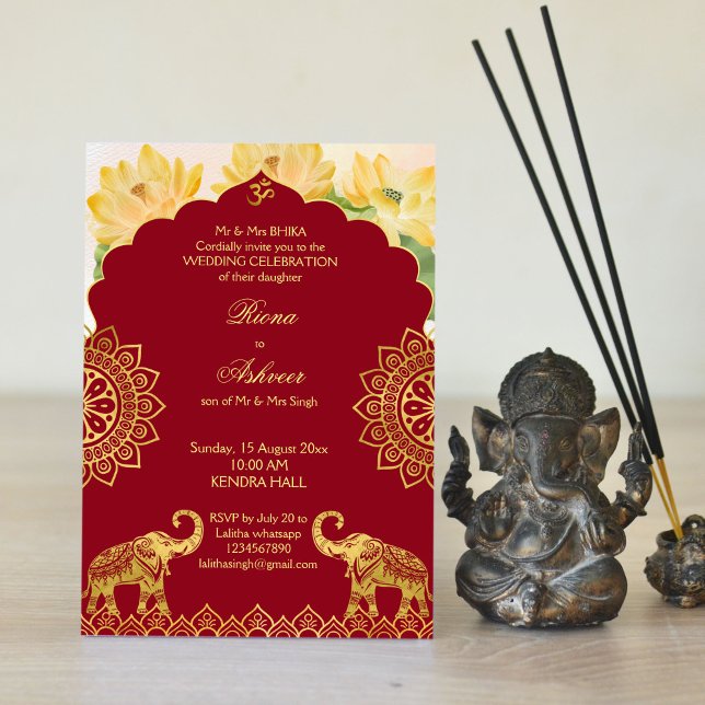 Indian wedding maroon gold elephant lotus invitation (Creator Uploaded)