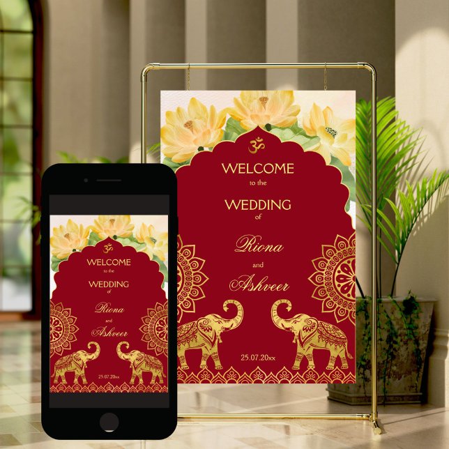 Indian wedding maroon gold elephant lotus welcome poster (Indian wedding maroon gold elephant lotus welcome sign poster editable template digital download)