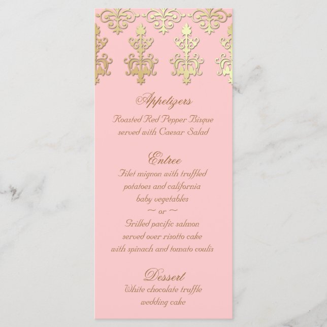 Indian Wedding Menu Cards Baby Pink Gold Damask (Front)