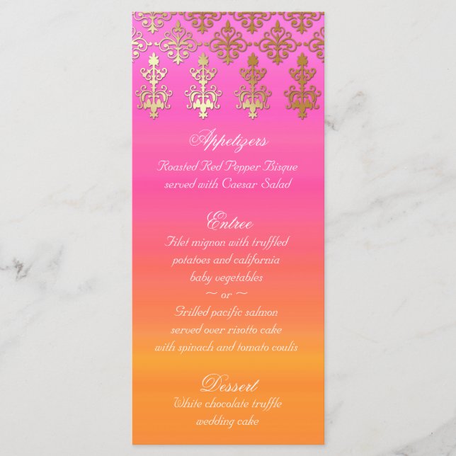 Indian Wedding Menu Cards Pink Orange Gold Damask (Front)