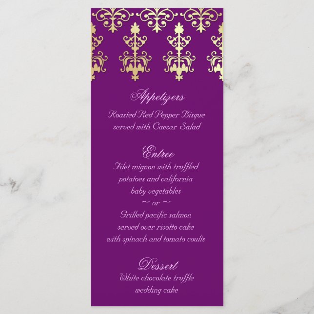 Indian Wedding Menu Cards Purple Gold Damask (Front)