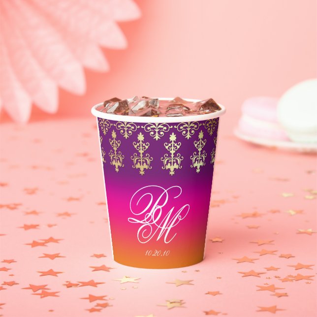 Indian Wedding Monogram Damask Pink Purple Orange Paper Cups (Insitu)