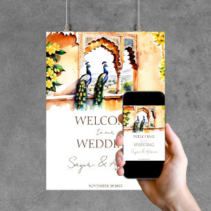 Indian wedding peacock Jaipur palace welcome sign