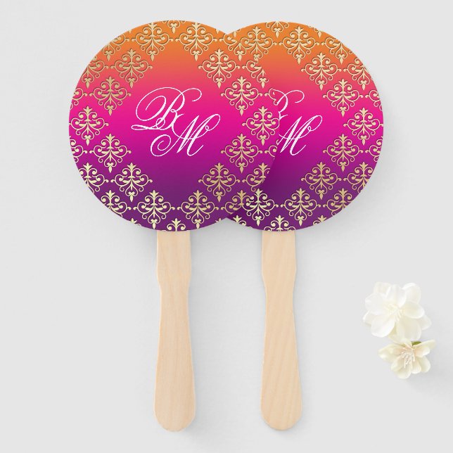 Indian Wedding Pink Purple Orange  Hand Fan (Front and Back)