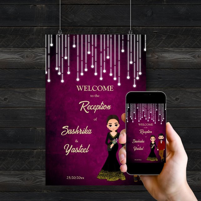 Indian wedding reception cute couple welcome sign (Indian wedding reception cute couple cartoon editable template welcome sign poster digital download)