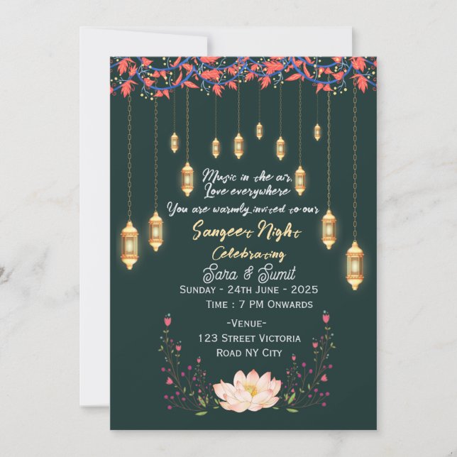 Indian Wedding Sangeet Night Ceremony Invitations  (Front)