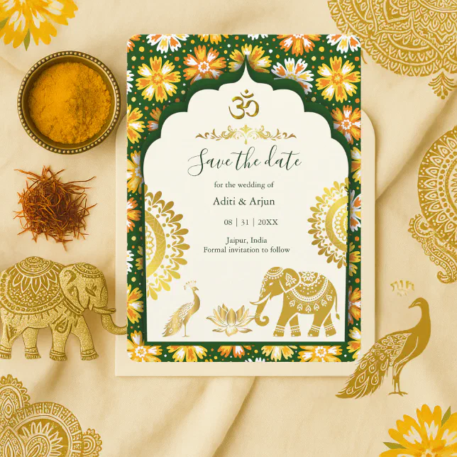 Indian Wedding Save the Date – Emerald ivory Gold Invitation | Zazzle