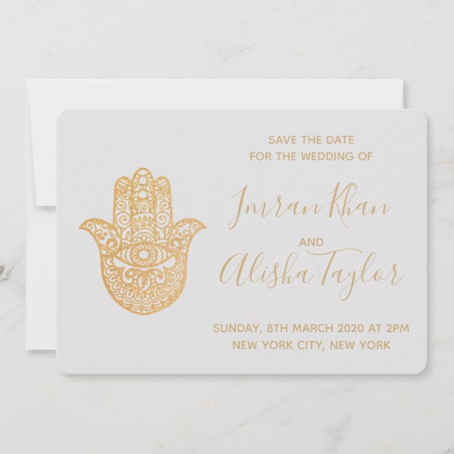 Indian Wedding Save the date Gold hamsa Henna (Front)