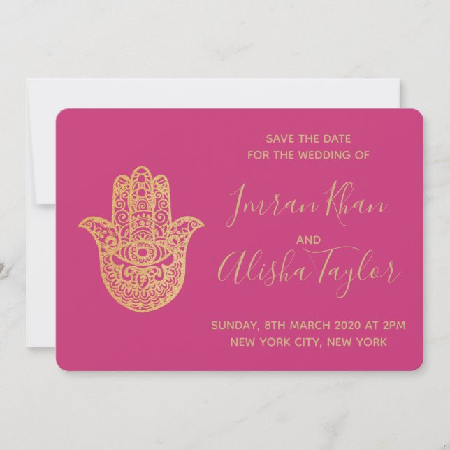 Indian Wedding Save the date Gold hamsa Henna (Front)