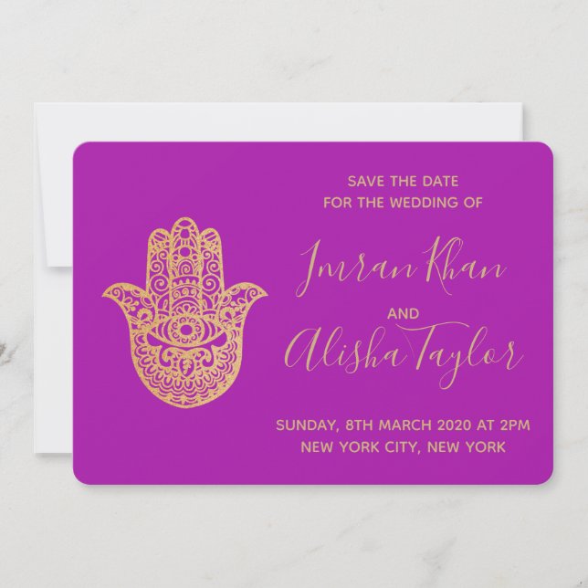 Indian Wedding Save the date Gold hamsa Henna (Front)