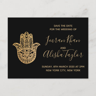 Indian Wedding Save the date Gold hamsa Henna Announcement Postcard