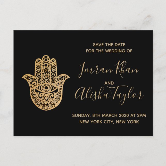 Indian Wedding Save the date Gold hamsa Henna Announcement Postcard (Front)