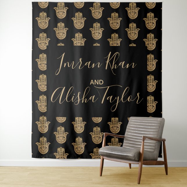 Indian Wedding Save the date Gold hamsa Henna Tapestry (In Situ)