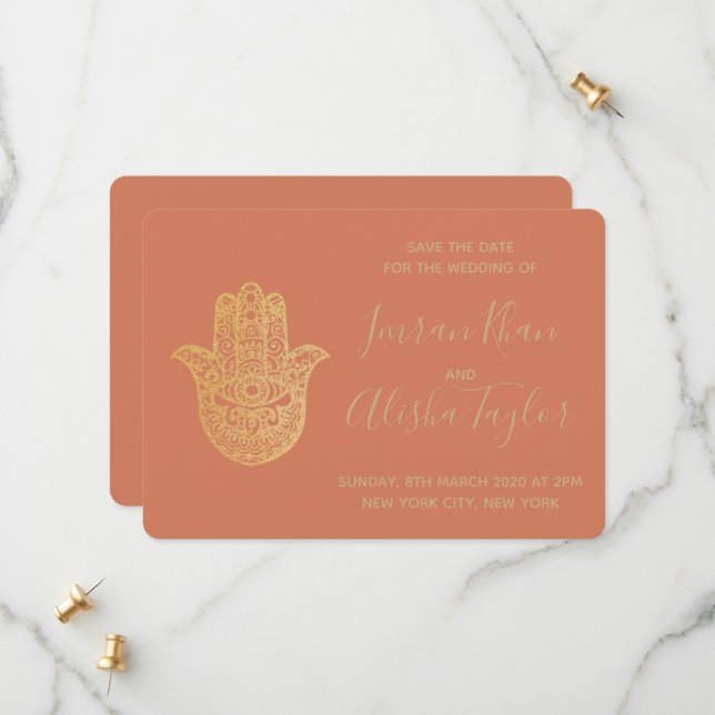 Indian Wedding Save the date Gold Terrcotta Henna (Front/Back In Situ)